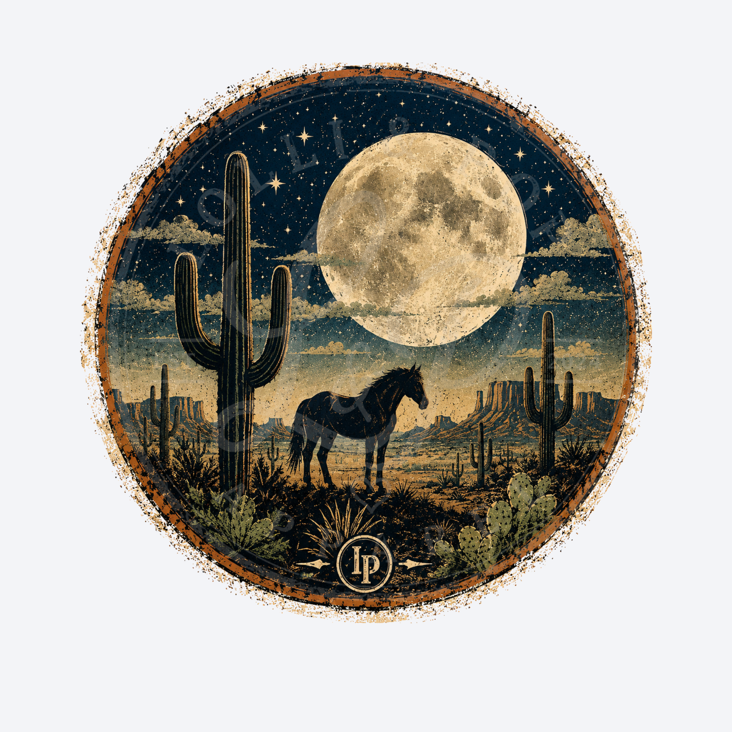 Horse Moon Desert vintage artwork featuring a majestic horse beneath a full moon surrounded by a peaceful desert landscape.