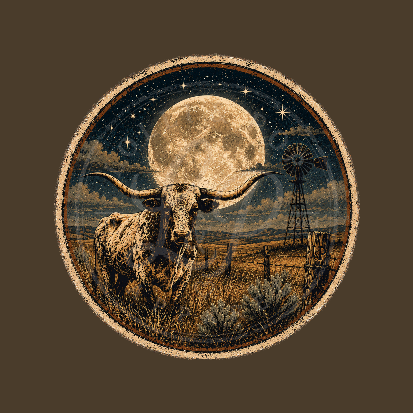 Prairie Moon vintage artwork featuring a Texas Longhorn beneath a full moon across a peaceful prairie landscape.
