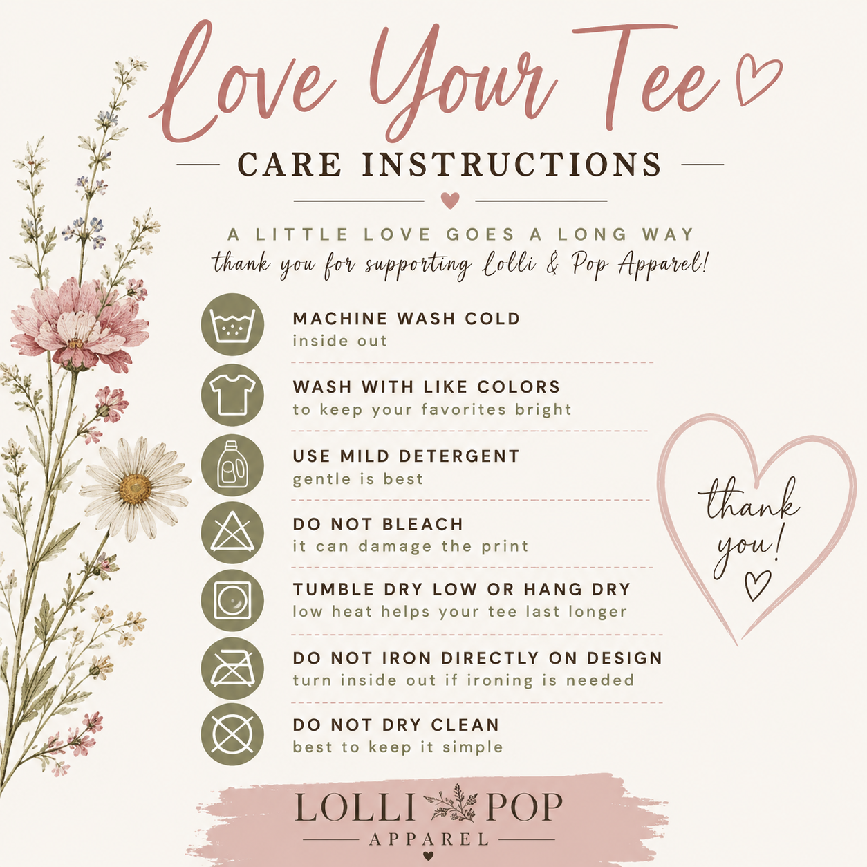 Lolli & Pop Apparel care instructions for graphic tees.