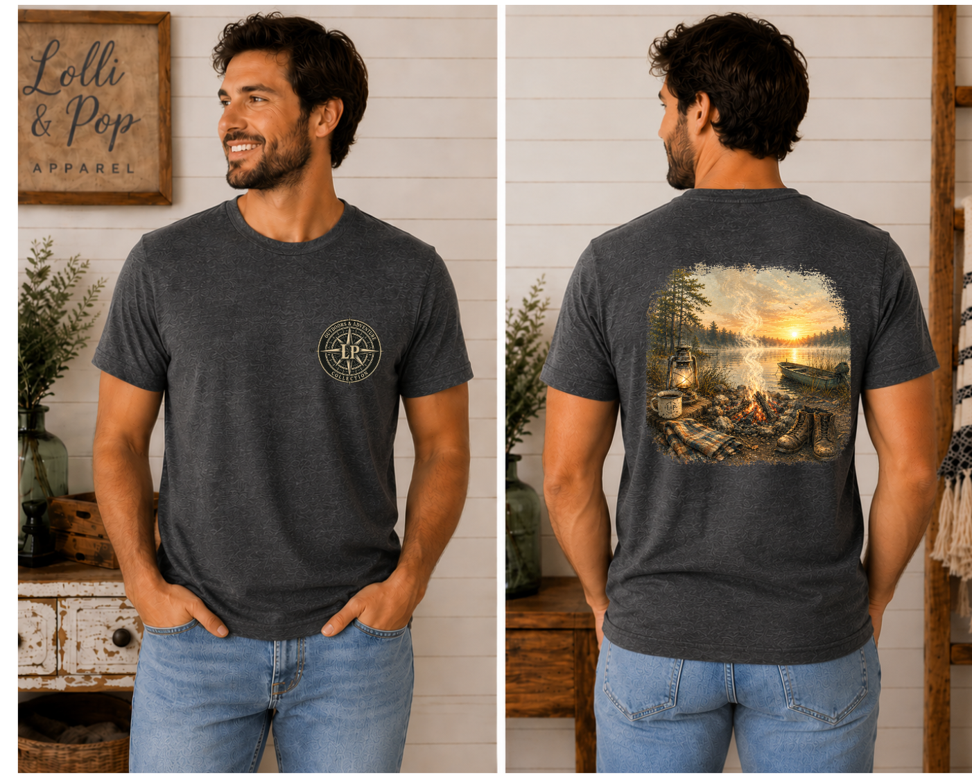 Man wearing the Campfire Sunrise graphic tee featuring a peaceful lakeside campfire scene with boots, a blanket, lantern, coffee cup, and sunrise.