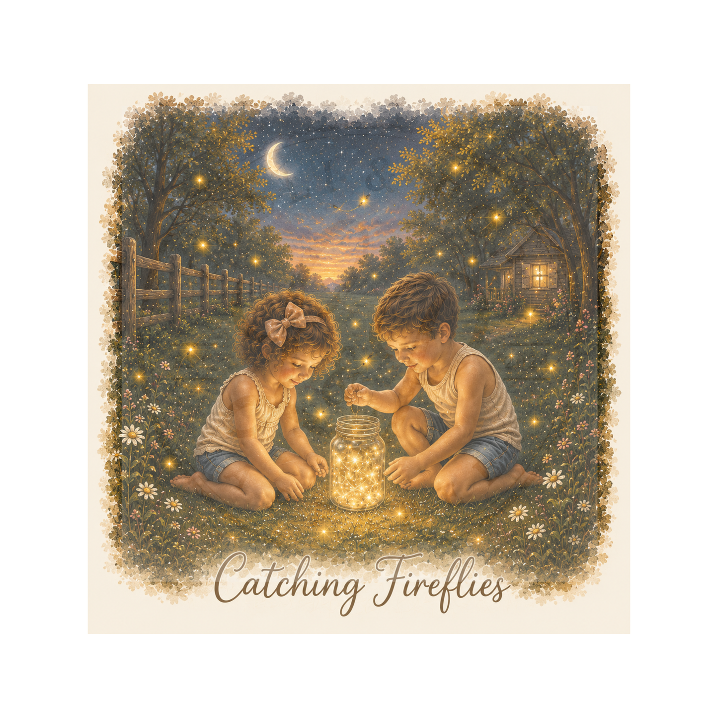 Catching Fireflies vintage artwork featuring children enjoying a warm summer evening while catching glowing fireflies.