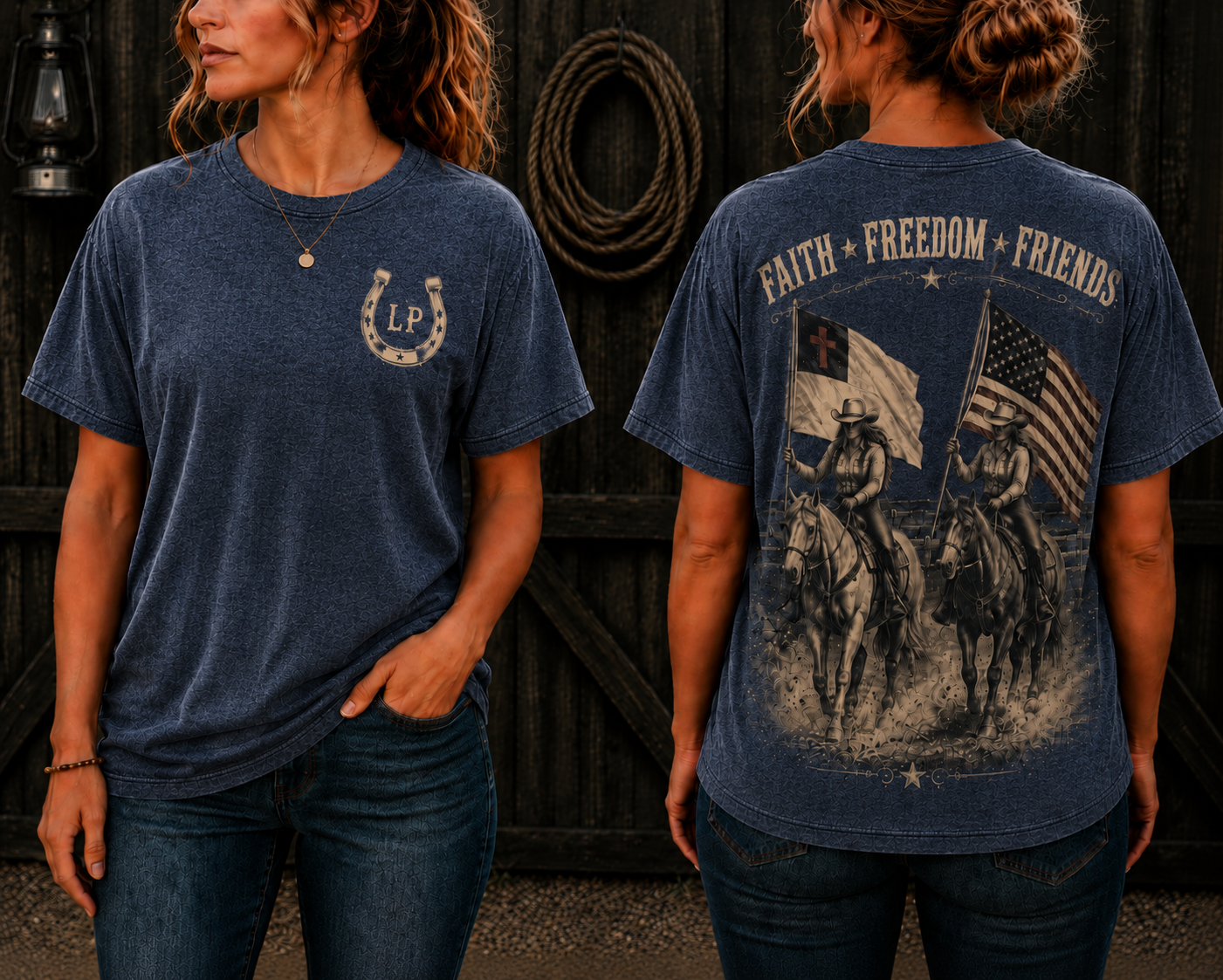 Woman wearing the Faith, Freedom, and Friends patriotic graphic tee featuring a vintage Americana design with faith-inspired elements.