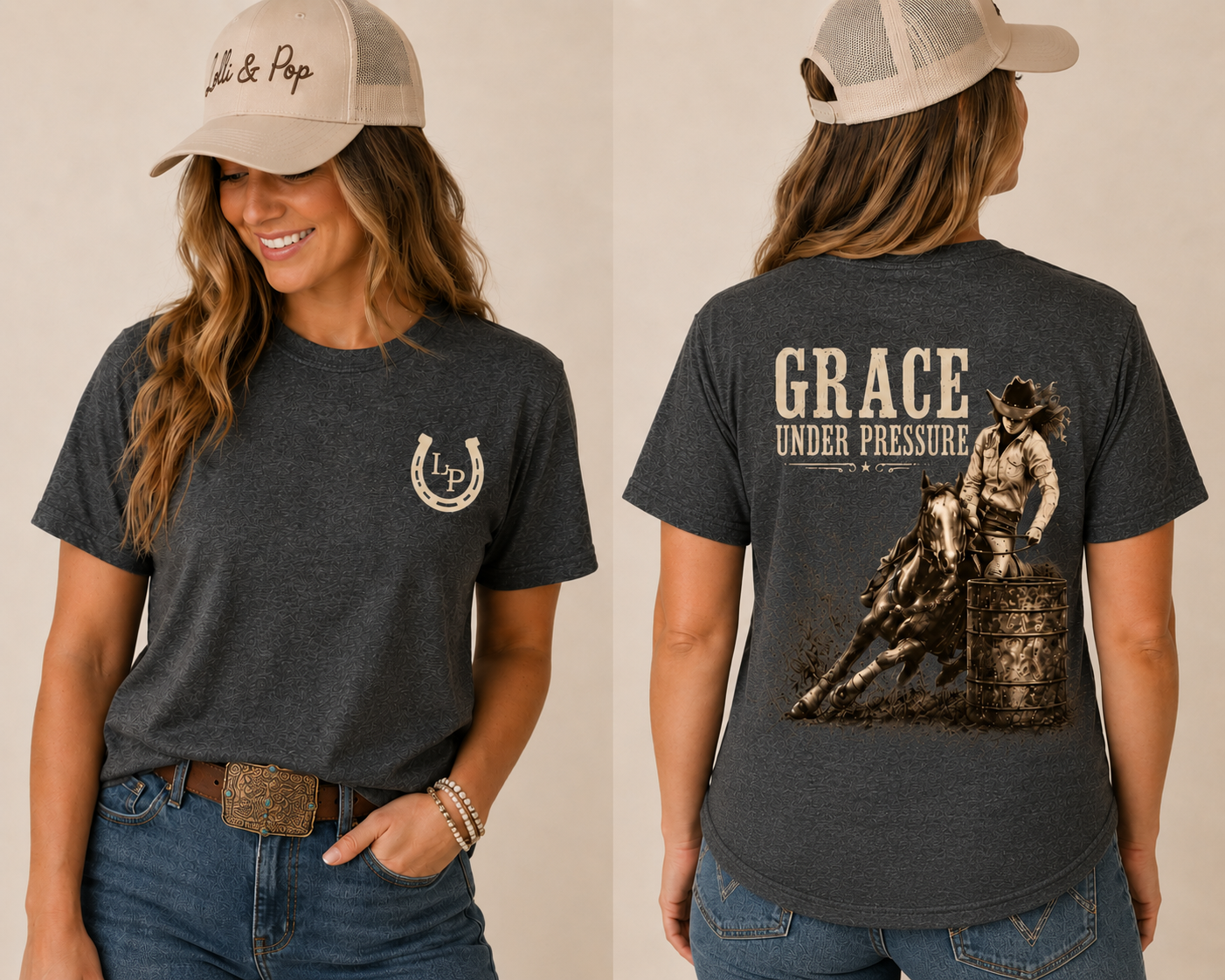 Woman wearing the Grace Under Pressure western graphic tee featuring a vintage barrel racing cowgirl design.