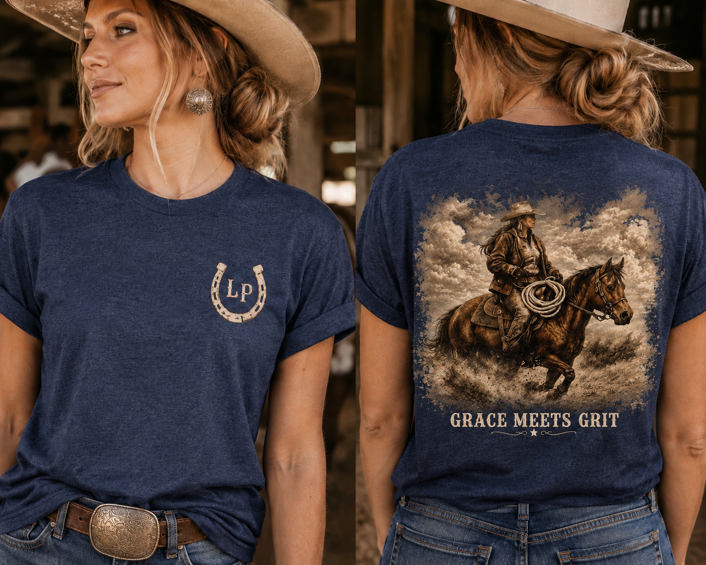 Woman wearing the Raised Where Grace Meets Grit western graphic tee featuring a vintage cowgirl and horse design.