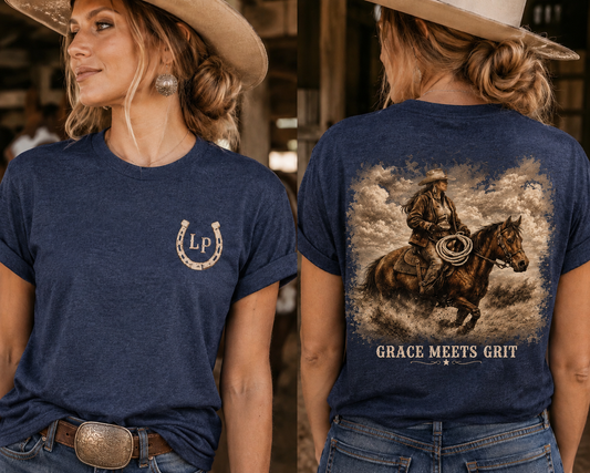 Woman wearing the Raised Where Grace Meets Grit western graphic tee featuring a vintage cowgirl and horse design.