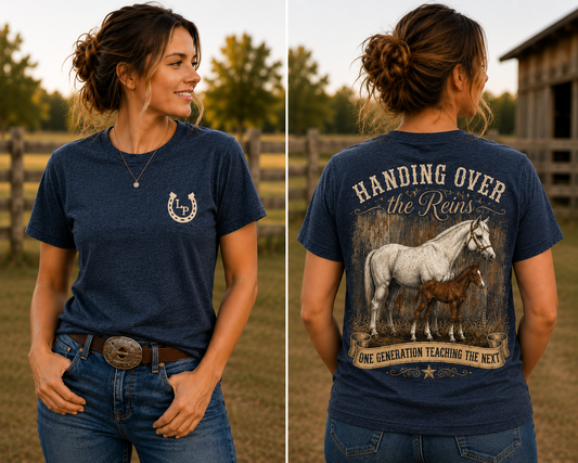 Woman wearing the Handing Over the Reins western graphic tee featuring a vintage horse and rider design celebrating generations.