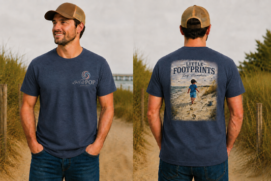Woman wearing the Little Footprints, Big Memories graphic tee featuring a vintage design celebrating childhood memories and family.