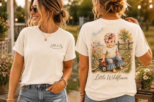 Little Wildflower vintage floral graphic tee featuring a whimsical botanical design on a relaxed unisex tee.