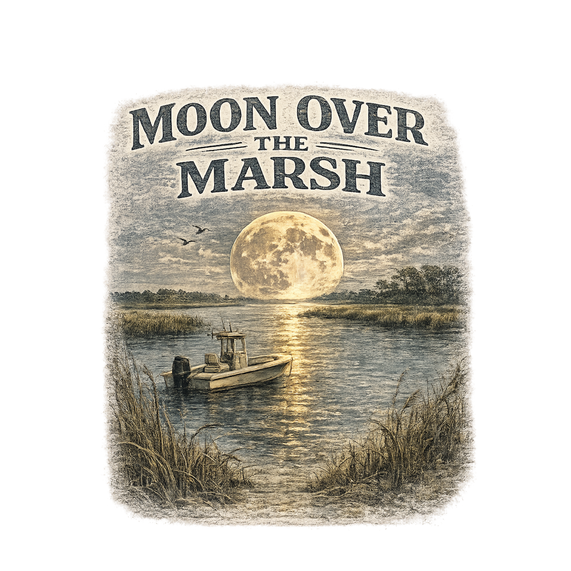 Moon Over the Marsh vintage coastal artwork featuring a peaceful southern marsh landscape beneath a glowing full moon.