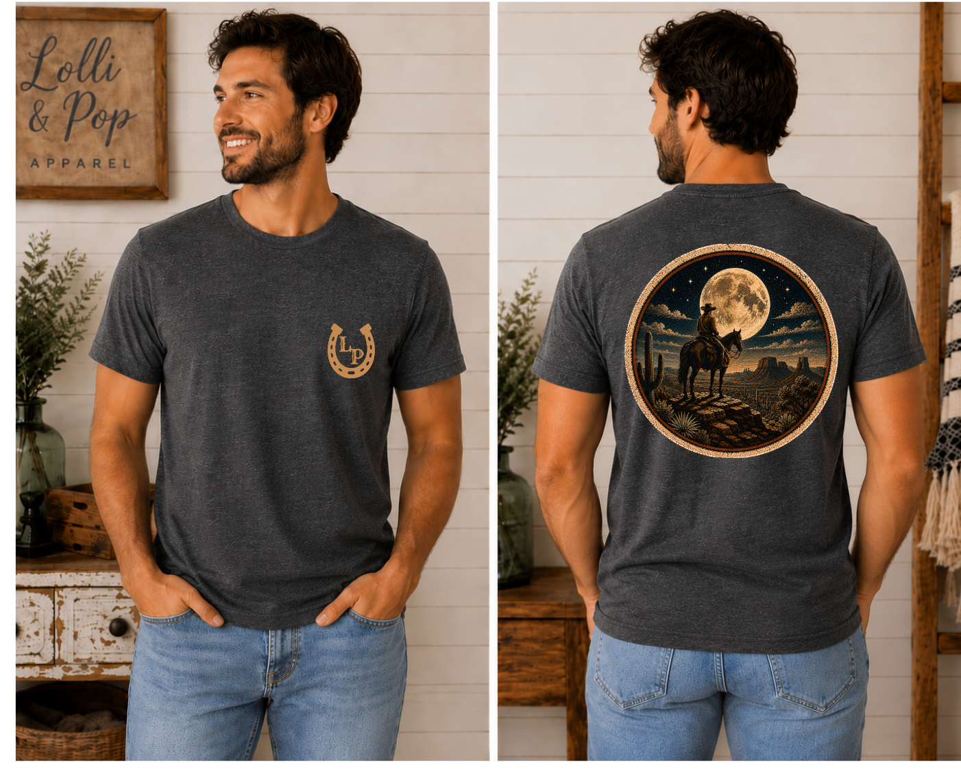 Man wearing the Moonlit Journey graphic tee featuring a cowboy on horseback overlooking a glowing full moon from a rugged cliff.
