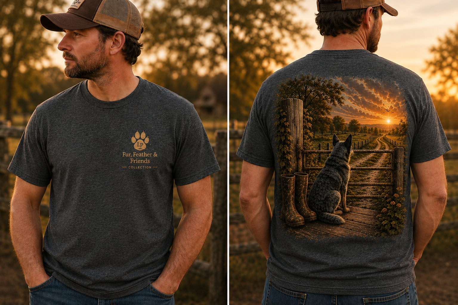 Man wearing the Always Waiting graphic tee featuring a loyal dog waiting patiently by a fence in a vintage country scene.