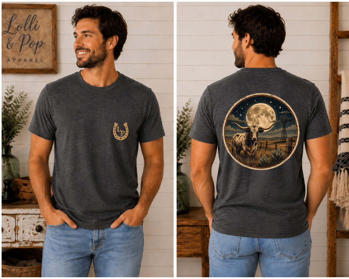 Man wearing the Prairie Moon graphic tee featuring a majestic Texas Longhorn beneath a glowing full moon on the open prairie.