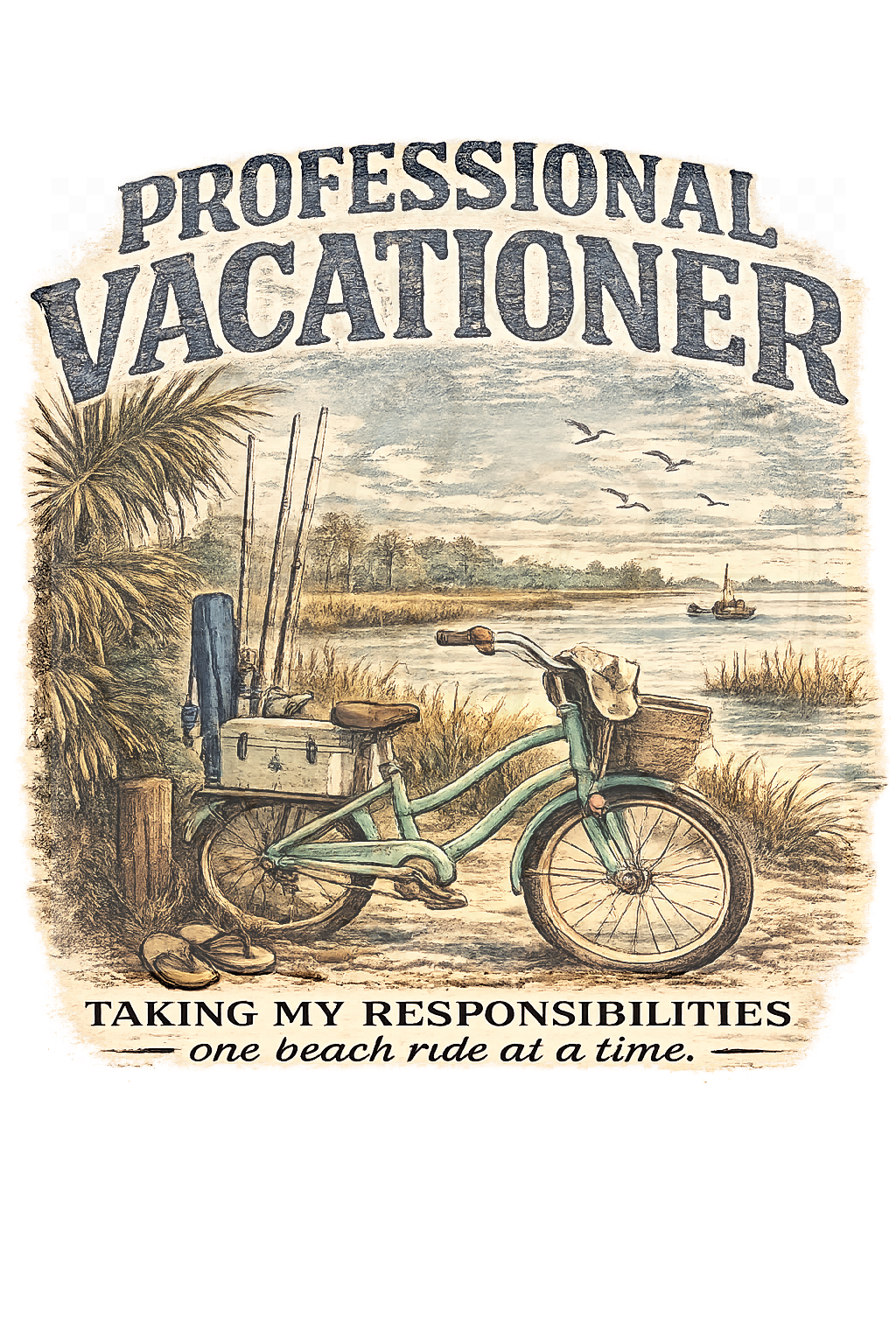 Professional Vacationer vintage coastal artwork featuring a beach cruiser bicycle, palm trees, and a relaxed seaside scene.
