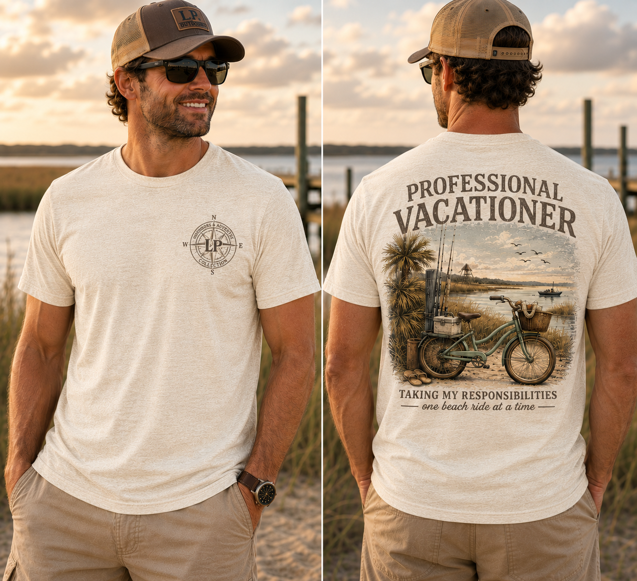 Man wearing the Professional Vacationer graphic tee featuring a vintage coastal beach scene with a cruiser bicycle and palm trees.