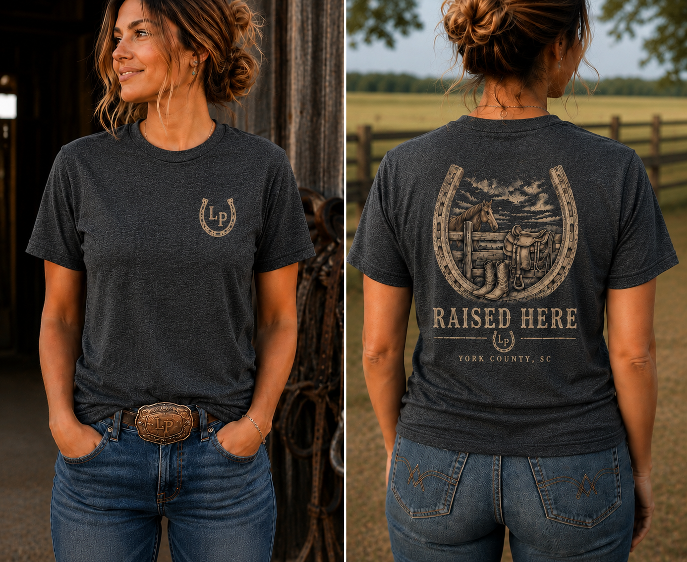 Woman wearing the Raised Here – York County graphic tee featuring a vintage hometown-inspired western design