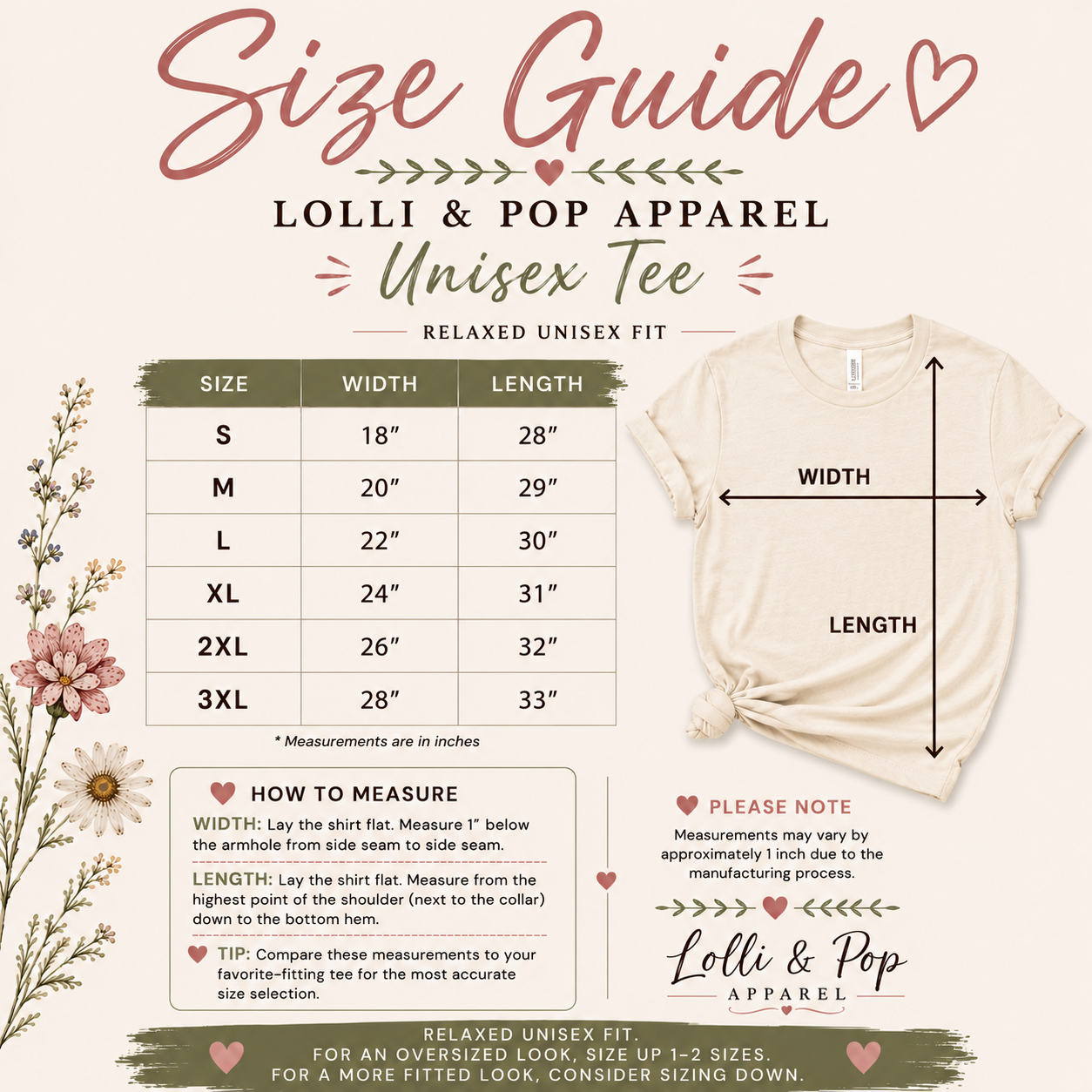 Lolli & Pop Apparel unisex tee size guide with width and length measurements.