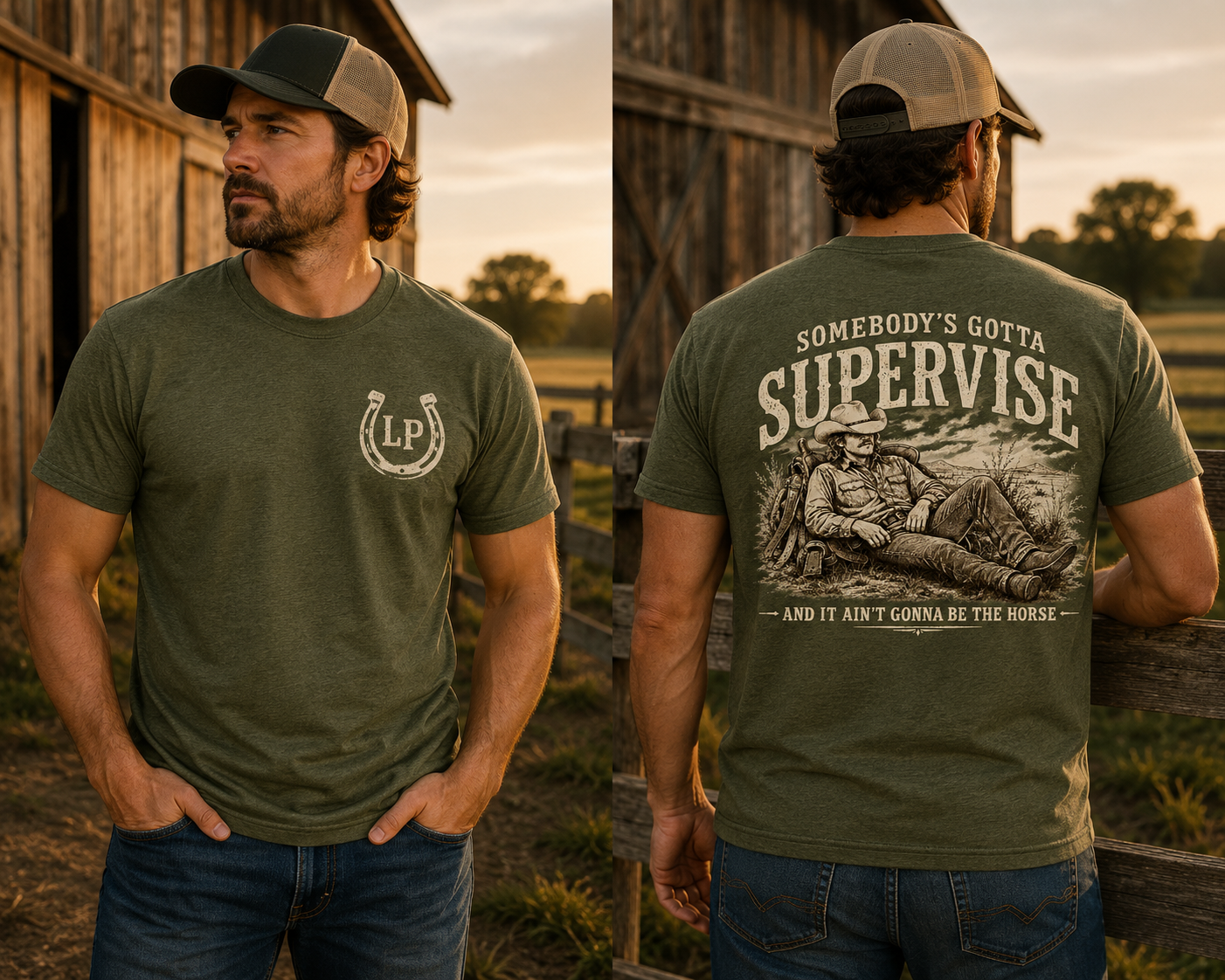 Man wearing the Somebody's Gotta Supervise western graphic tee featuring a relaxed cowboy and horse in a vintage ranch scene.