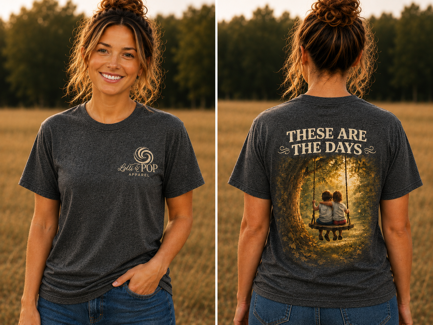 Woman wearing the These Are the Days graphic tee featuring a vintage design of children enjoying a timeless childhood moment.