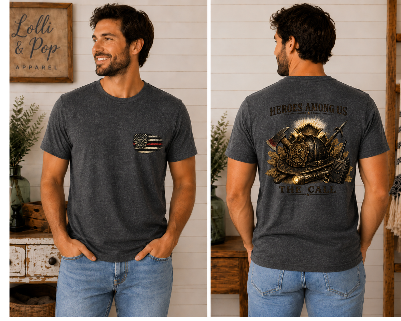 Man wearing The Call firefighter graphic tee featuring a vintage firefighter design honoring courage, sacrifice, and service.