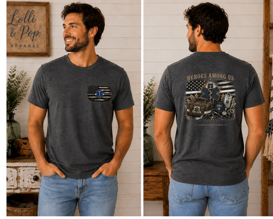 Man wearing The Call EMS graphic tee featuring a vintage emergency medical services design honoring compassion, courage, and lifesaving service.