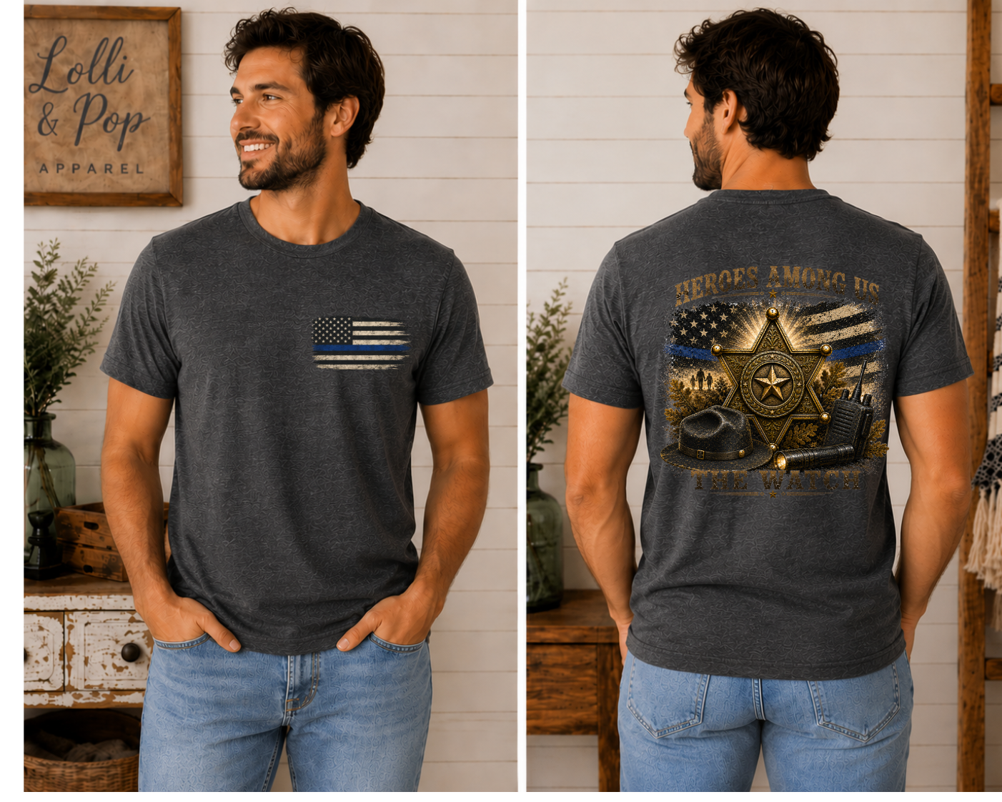 Man wearing The Watch police graphic tee featuring a vintage law enforcement design honoring those who protect and serve.
