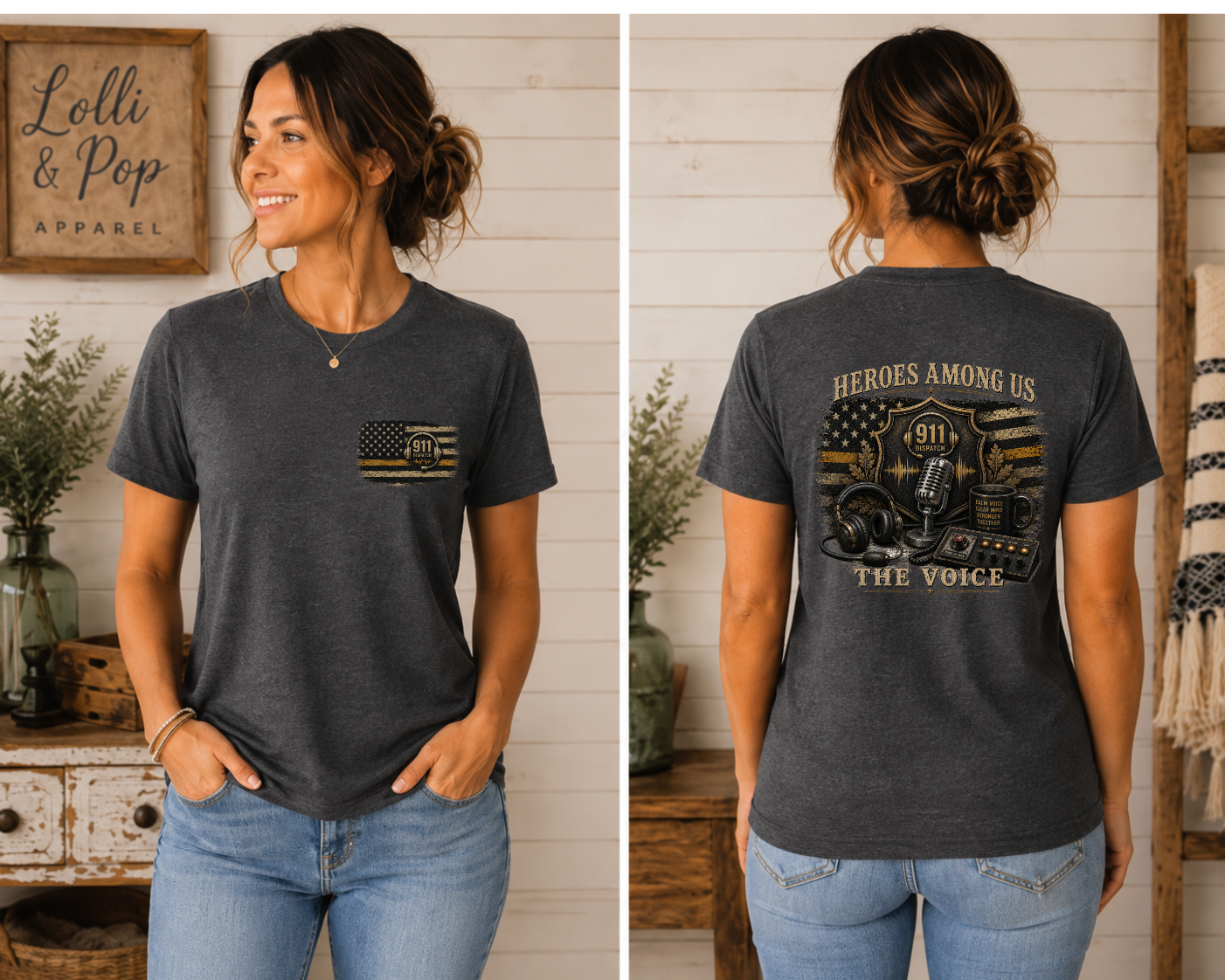 Woman wearing the Heroes Among Us Dispatch graphic tee featuring a vintage 911 dispatcher design honoring the calm voice behind every call.
