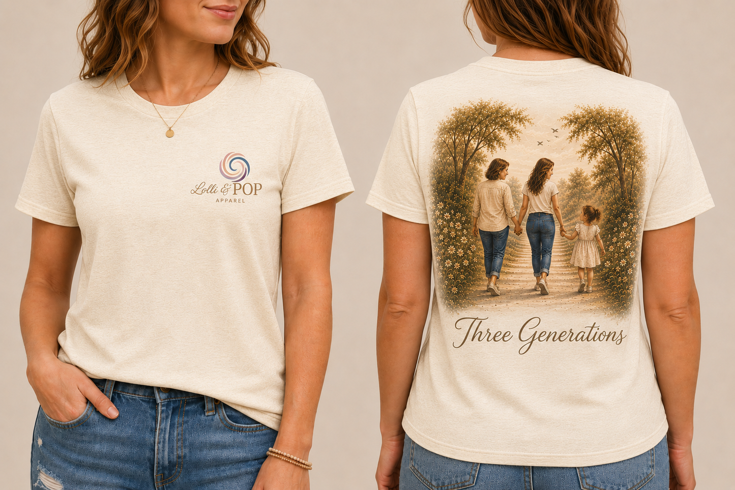 Woman wearing the Three Generations graphic tee featuring a vintage beach scene celebrating grandmother, mother, and daughter.

