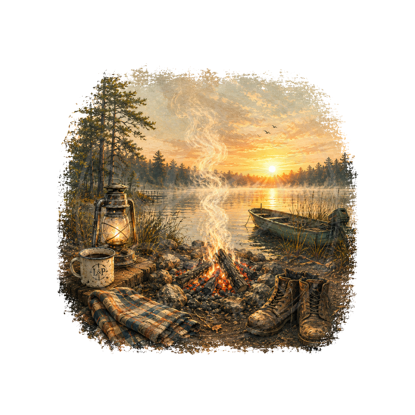 Campfire Sunrise vintage artwork featuring boots beside a campfire with a blanket, coffee cup, lantern, old boat on the water, trees, and a peaceful sunrise.