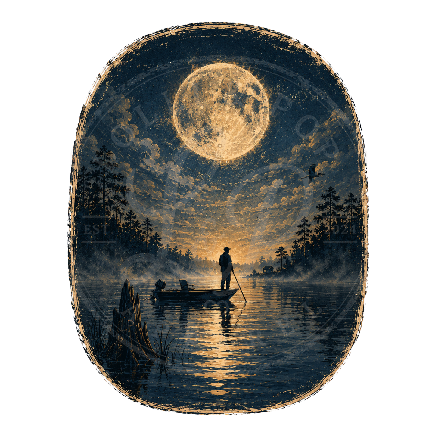 Fisherman's Moon vintage artwork featuring a lone fisherman beneath a glowing full moon on a peaceful lake.