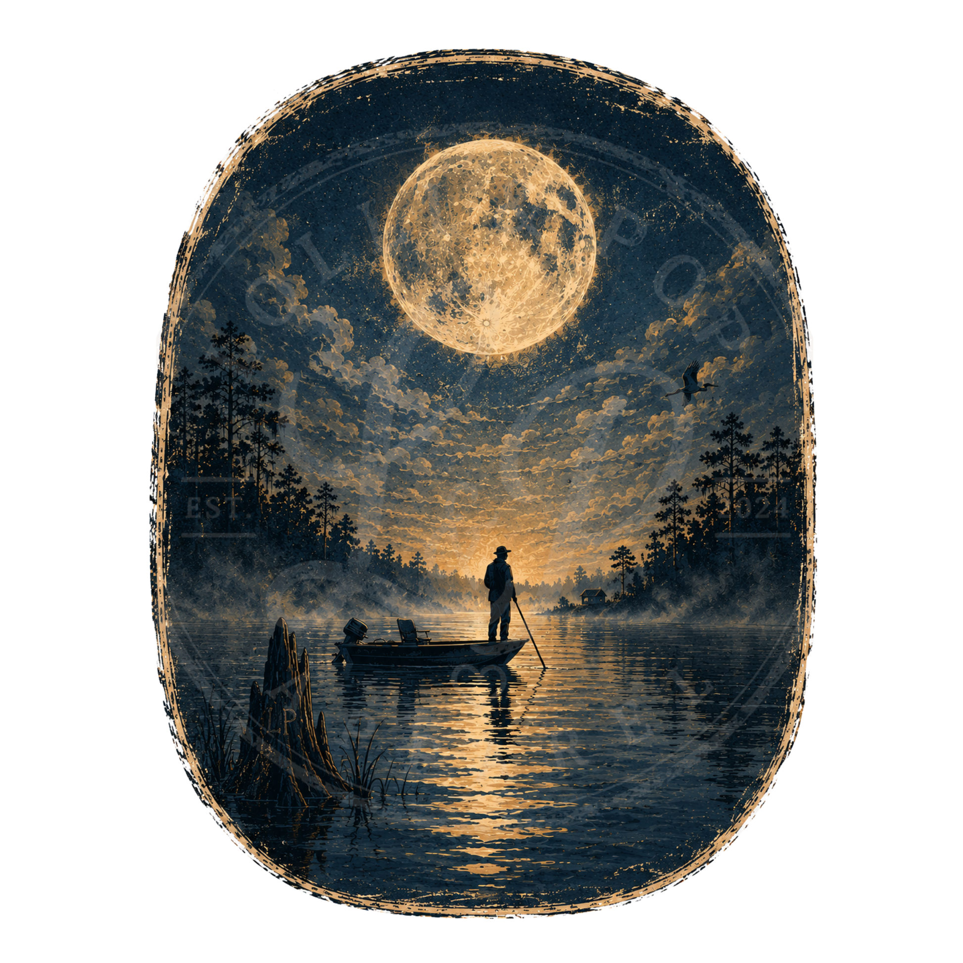 Fisherman's Moon vintage artwork featuring a lone fisherman beneath a glowing full moon on a peaceful lake.