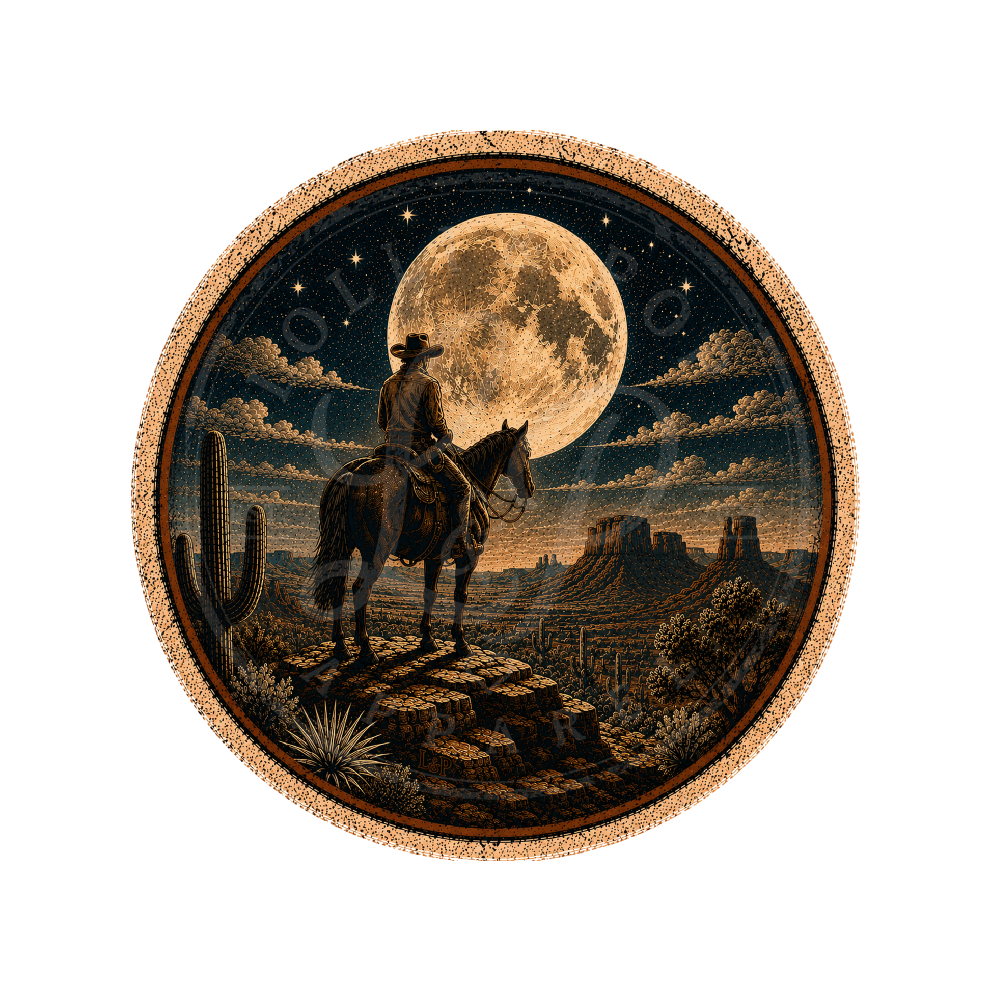 Moonlit Journey vintage artwork featuring a cowboy on horseback overlooking a glowing full moon from a rugged cliff.