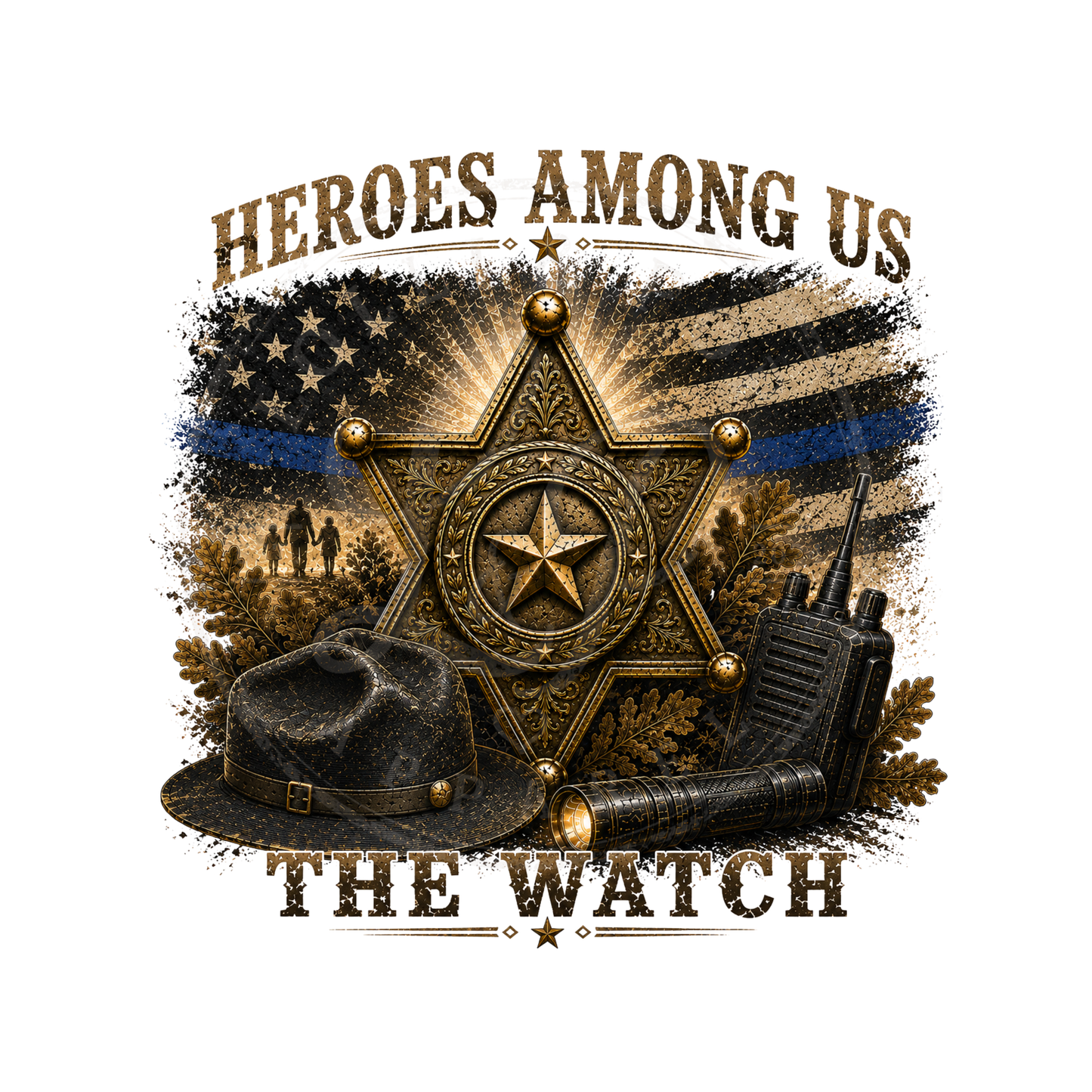 The Watch vintage police artwork featuring a law enforcement officer honoring courage, commitment, and the watch over the community.
