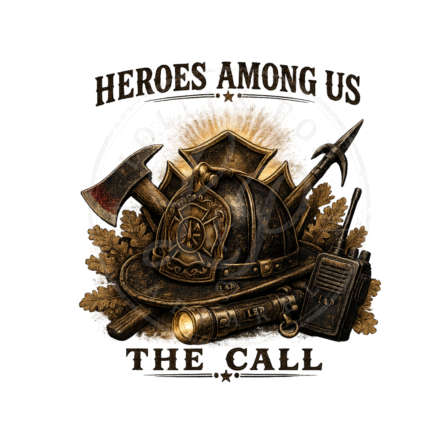 The Call vintage firefighter artwork featuring a courageous firefighter honoring bravery, sacrifice, and the call to serve.