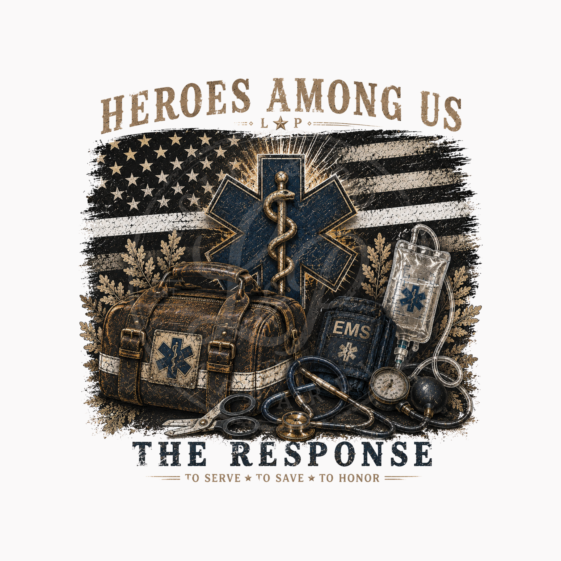 The Call vintage EMS artwork featuring an emergency medical services design honoring compassion, courage, and the commitment to save lives.