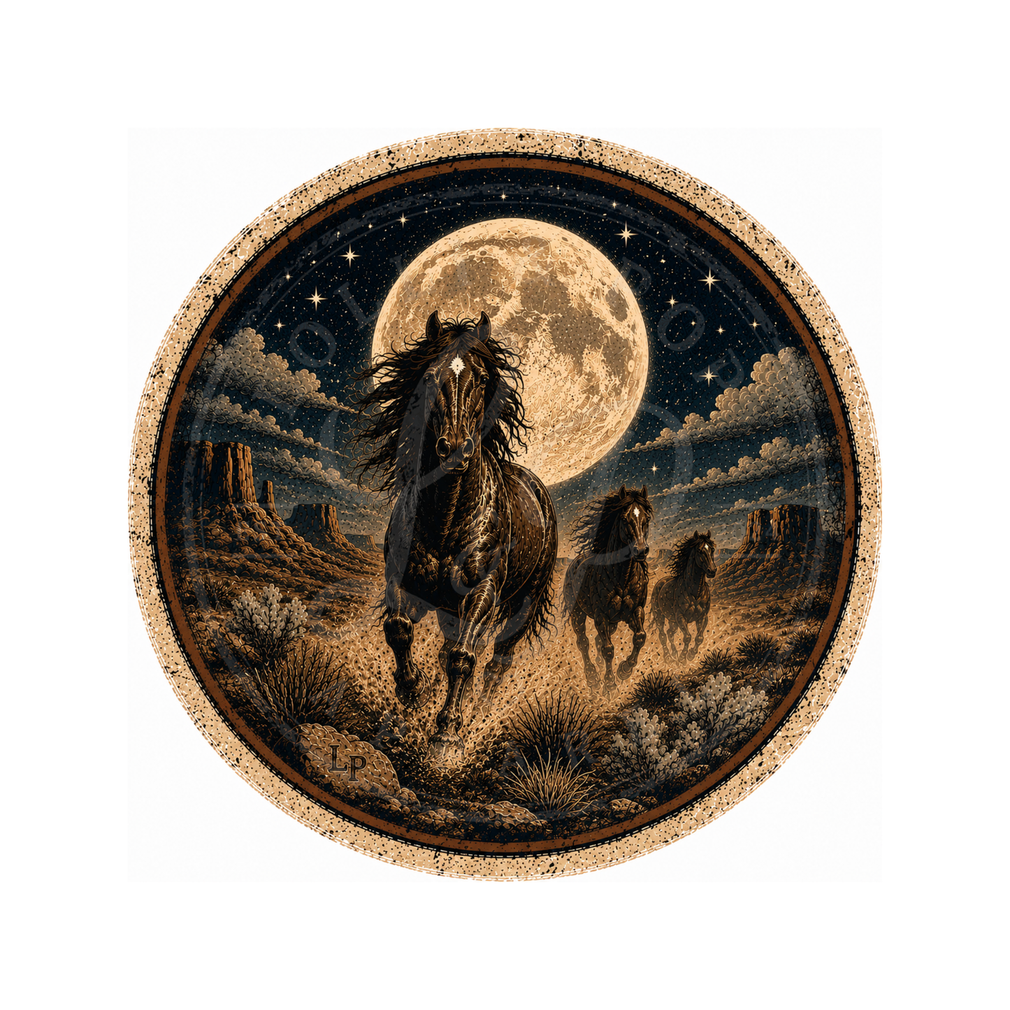 Wild Mustangs vintage artwork featuring a herd of wild horses running beneath a full moon across the open range.
