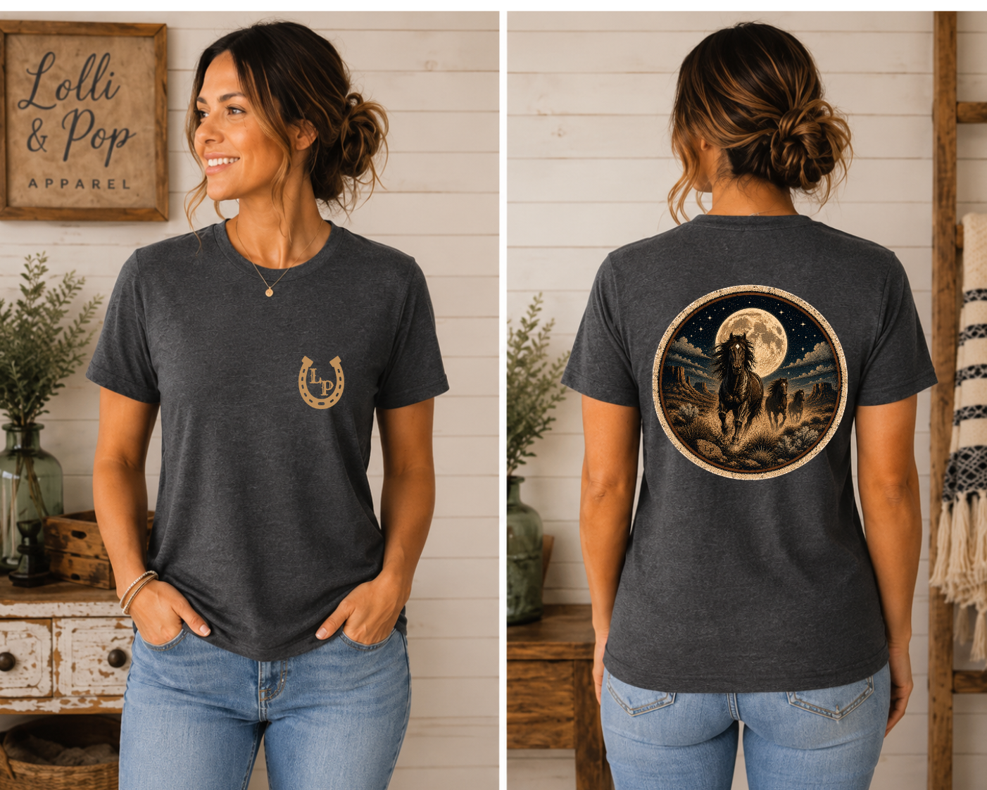 Woman wearing the Wild Mustangs graphic tee featuring wild horses running beneath a glowing full moon in a western landscape.
