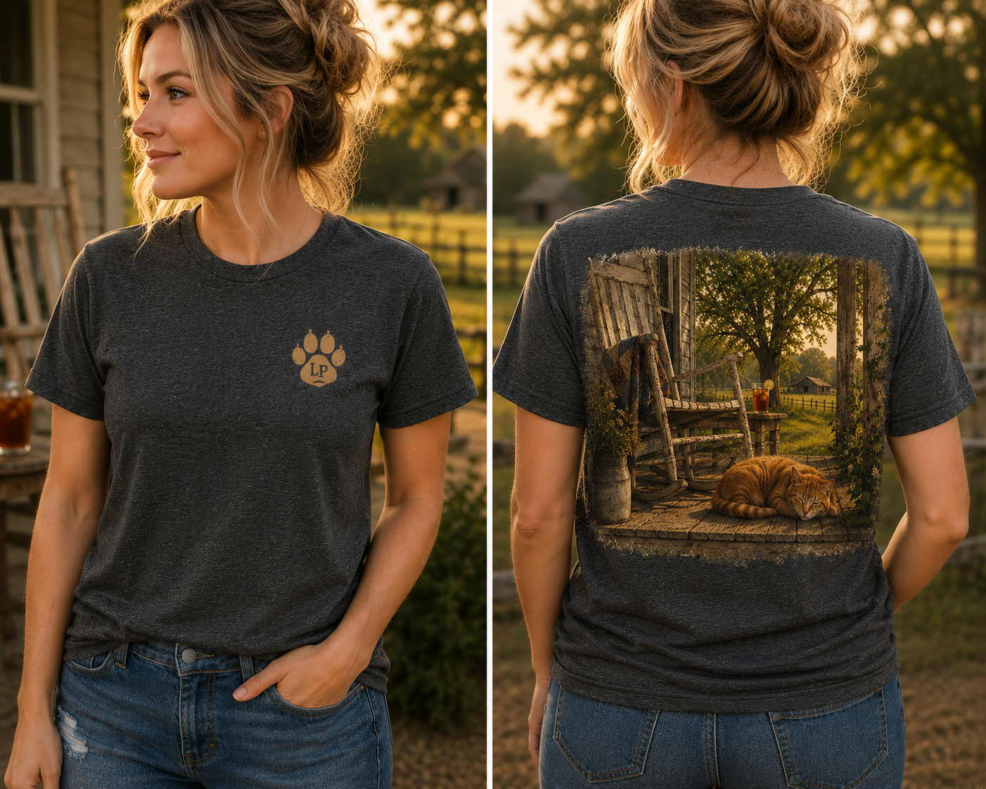 Woman wearing the Home Is Here graphic tee featuring a cat resting on a front porch in a vintage country scene.