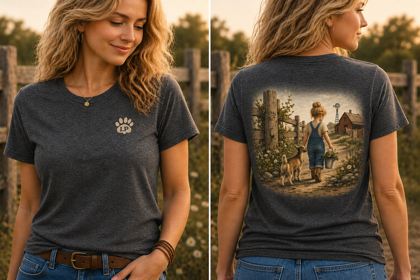 Woman wearing the Everywhere I Go graphic tee featuring a little girl walking with her pet goat on a peaceful country farm.